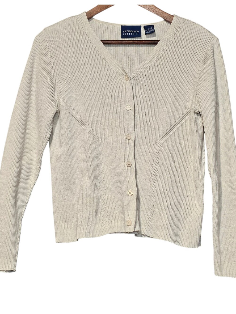 Vintage Liz Claiborne Cream Ribbed V-Neck Button Cardigan